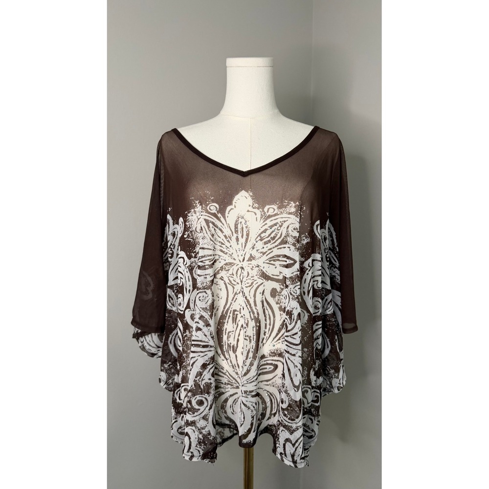 INC International Concepts Y2K Brown White Mesh Rhinestone Tunic Top XL